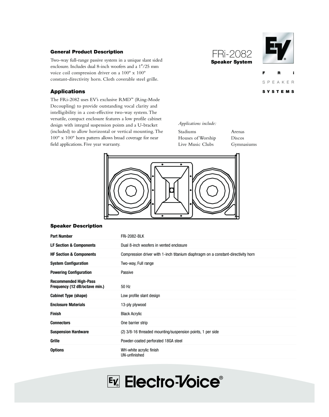 Electro-Voice FRi-2082 warranty Applications, General Product Description, Speaker Description, Speaker System, Stadiums 