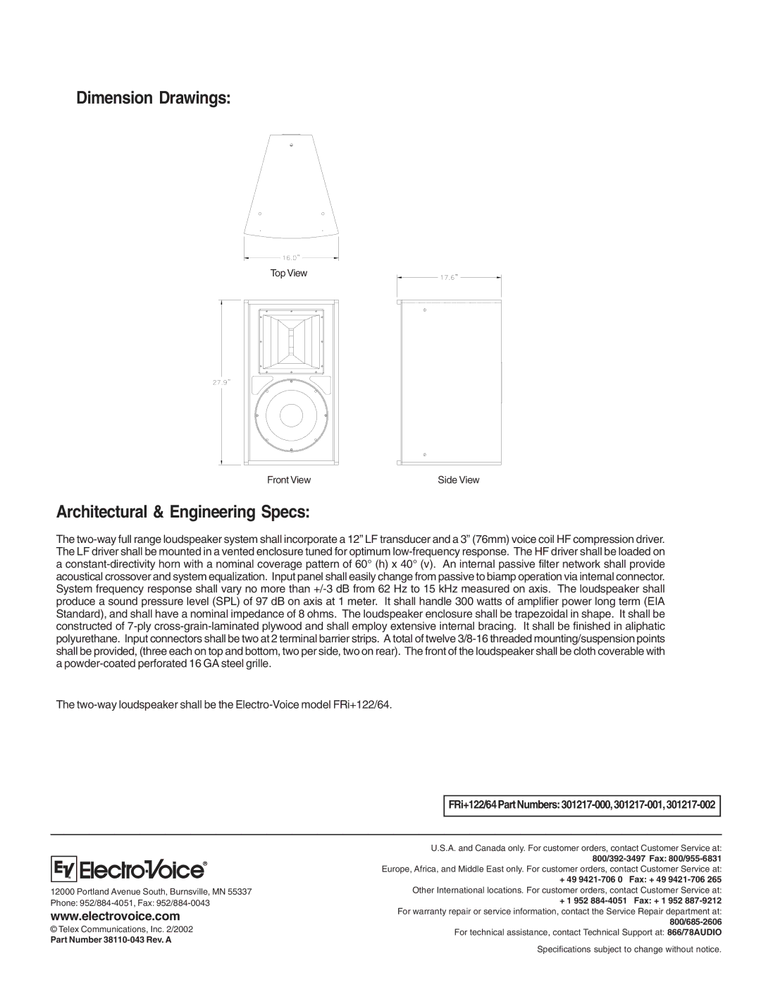 Electro-Voice Fri+122/64 technical specifications Dimension Drawings, Architectural & Engineering Specs 