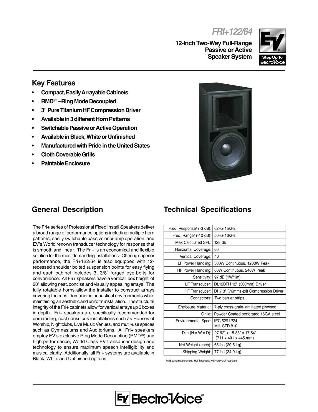 Electro-Voice Fri+122/64 technical specifications FRI+122/64, General Description, Technical Specifications, Key Features 