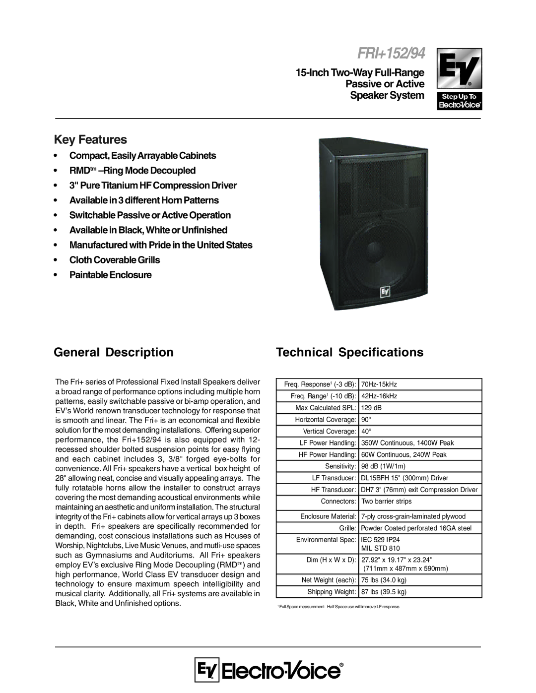Electro-Voice FRI+152/94 technical specifications General Description 