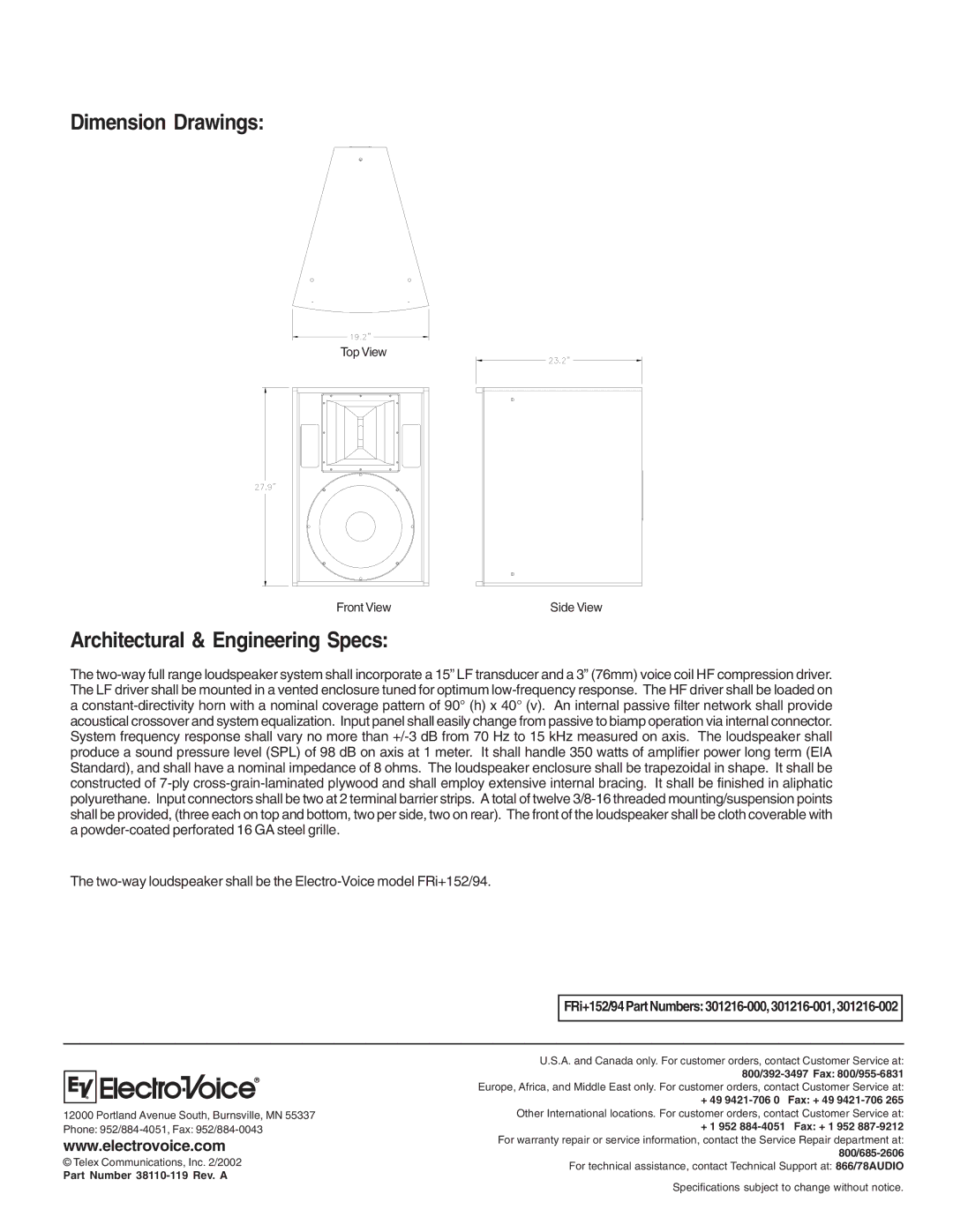 Electro-Voice FRI+152/94 technical specifications Dimension Drawings, Architectural & Engineering Specs 