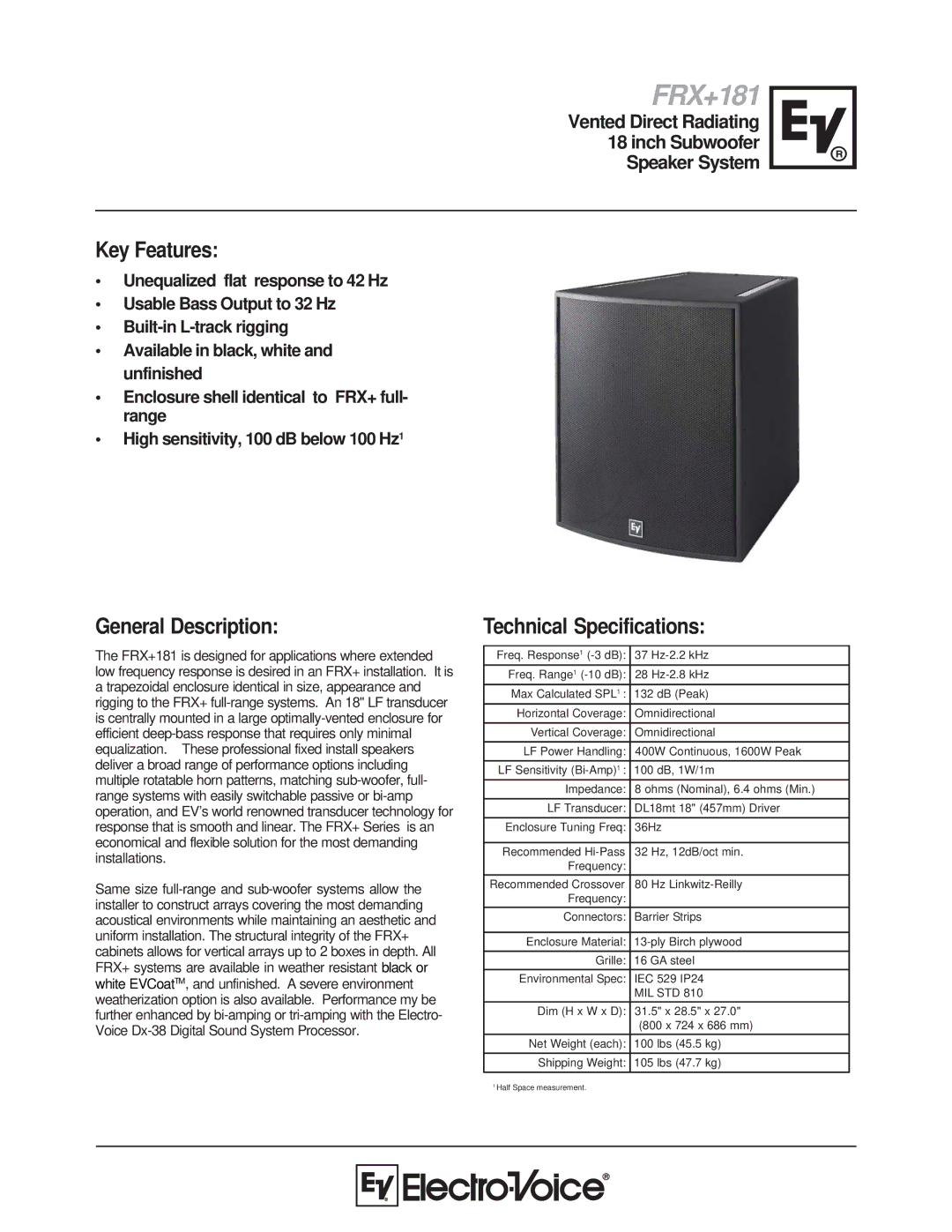 Electro-Voice FRX+181 technical specifications Key Features, General Description, Technical Specifications, Mil Std 