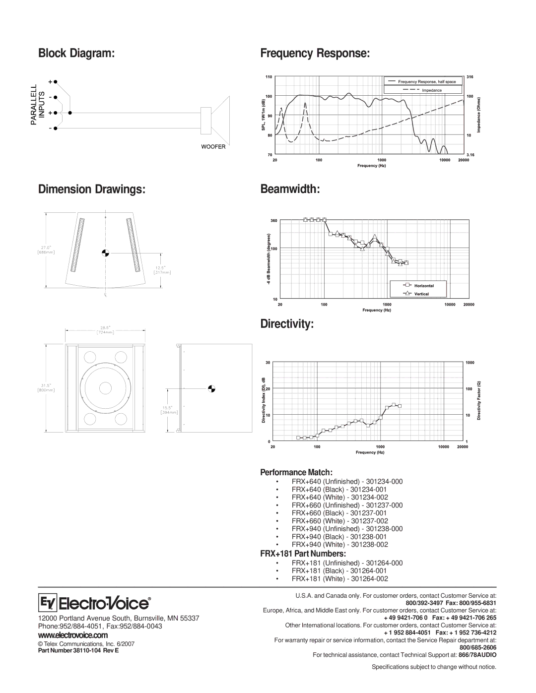 Electro-Voice Performance Match, FRX+181 Part Numbers, Part Number 38110-104 Rev E, + 49 9421-706 0 Fax + 49 9421-706 