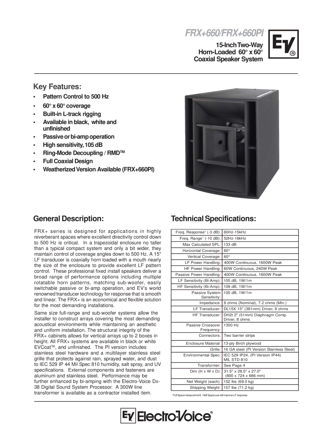 Electro-Voice technical specifications FRX+660/FRX+660PI, General Description, Technical Specifications 