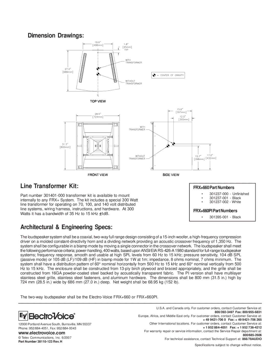 Electro-Voice FRX+660PI technical specifications Dimension Drawings Line Transformer Kit, Architectural & Engineering Specs 