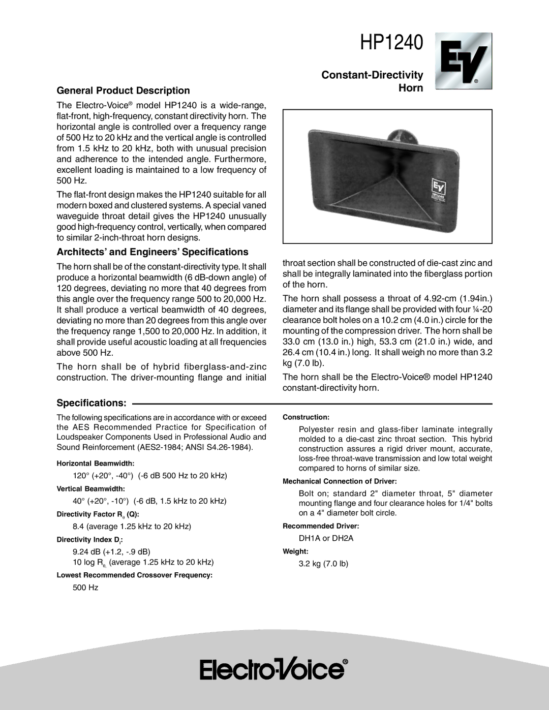 Electro-Voice HP1240 specifications General Product Description, Architects’ and Engineers’ Specifications 