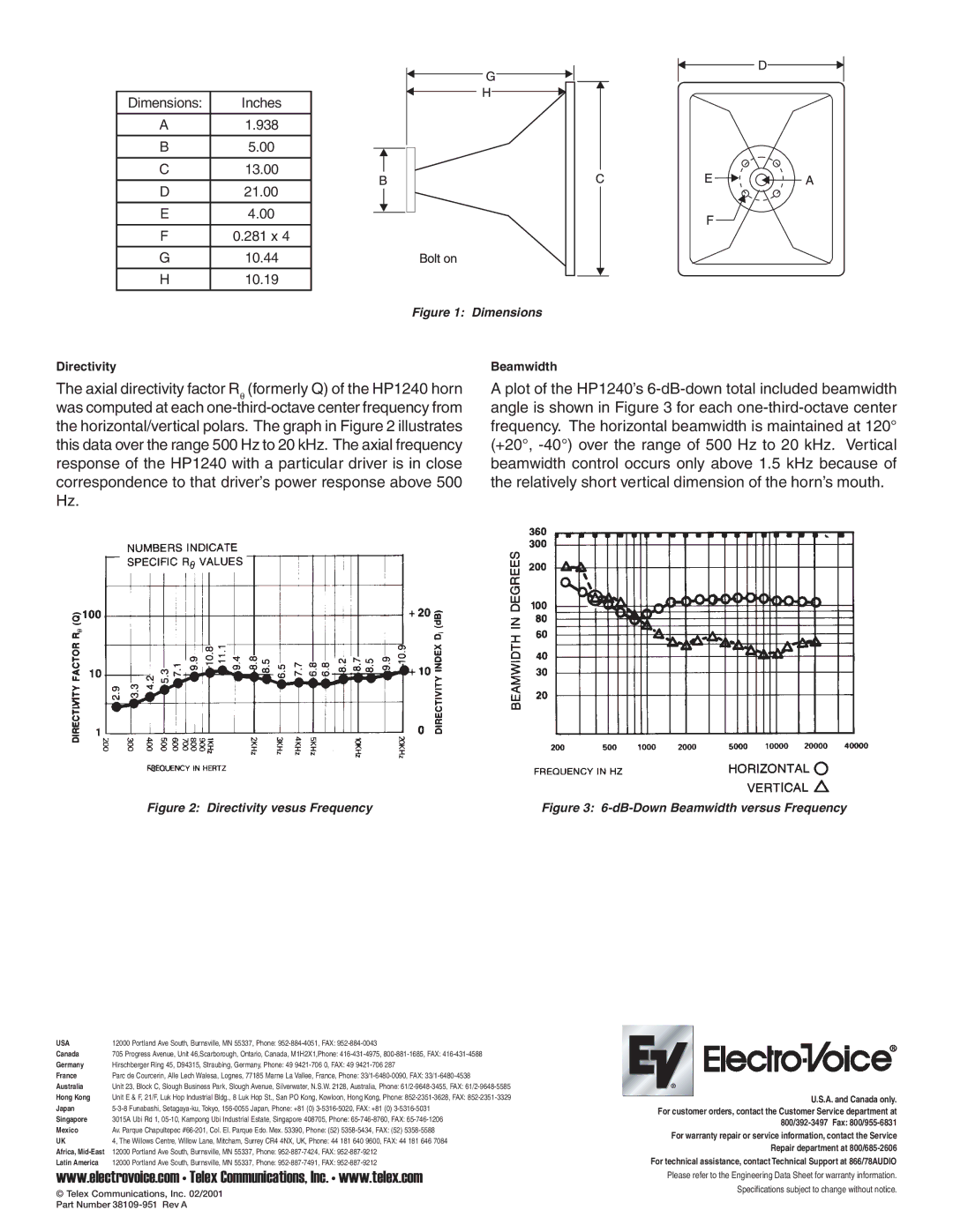 Electro-Voice HP1240 specifications Canada, Germany, France, Australia, Hong Kong, Japan, Singapore, Mexico, Latin America 