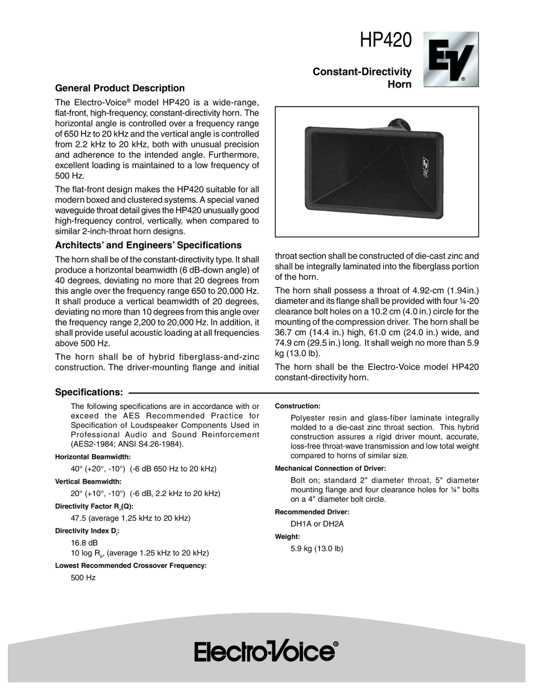 Electro-Voice HP420 specifications General Product Description, Architects’ and Engineers’ Specifications 