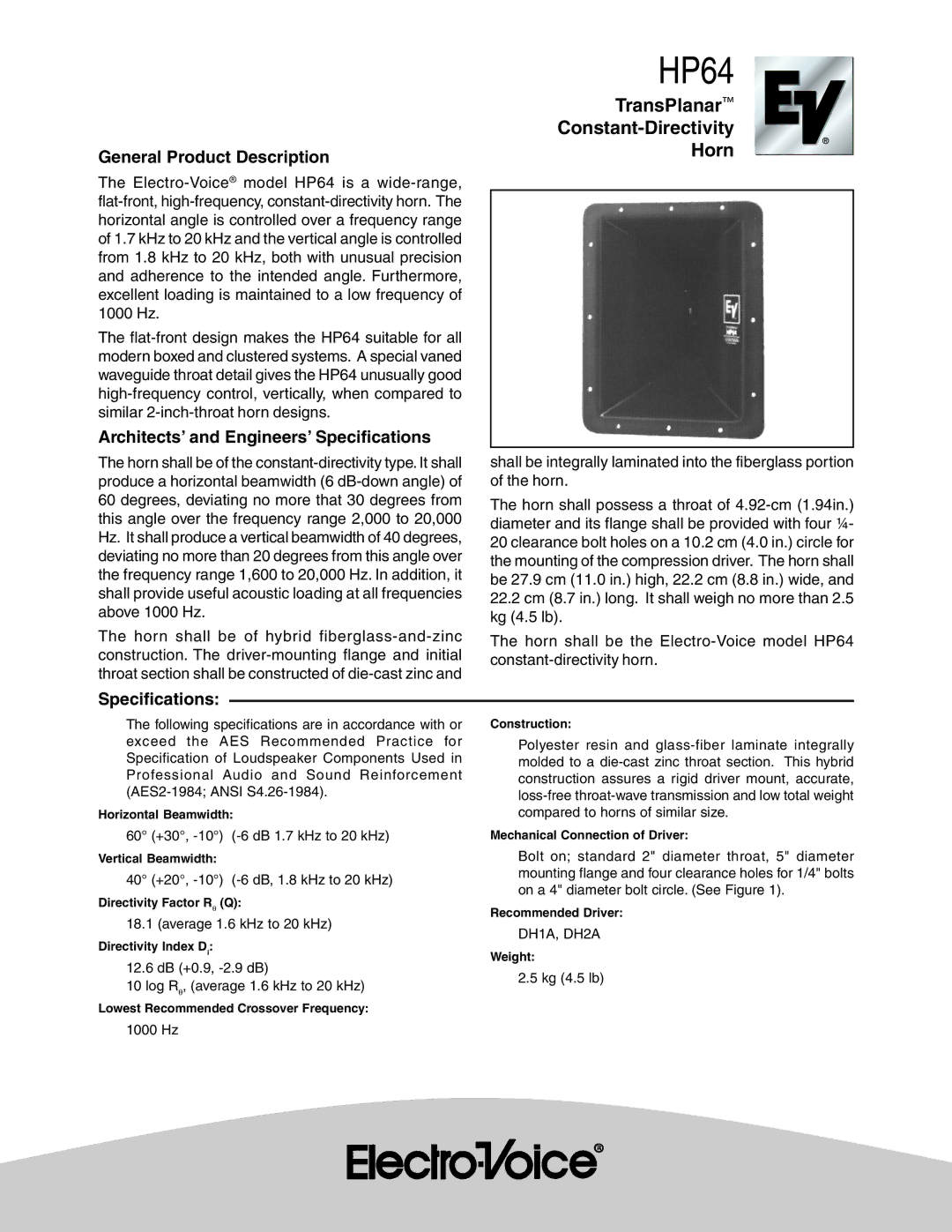 Electro-Voice HP64 specifications General Product Description, Architects’ and Engineers’ Specifications 