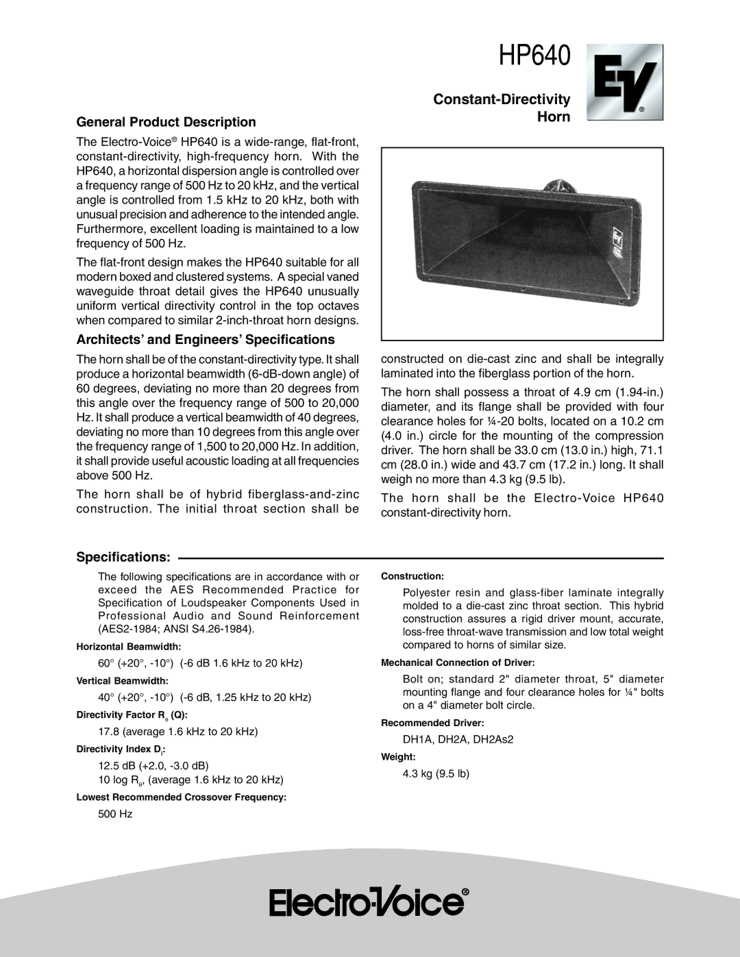 Electro-Voice HP640 specifications General Product Description, Architects’ and Engineers’ Specifications 