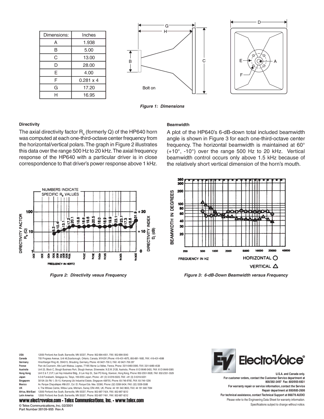 Electro-Voice HP640 specifications Canada, Germany, France, Australia, Hong Kong, Japan, Singapore, Mexico, Latin America 