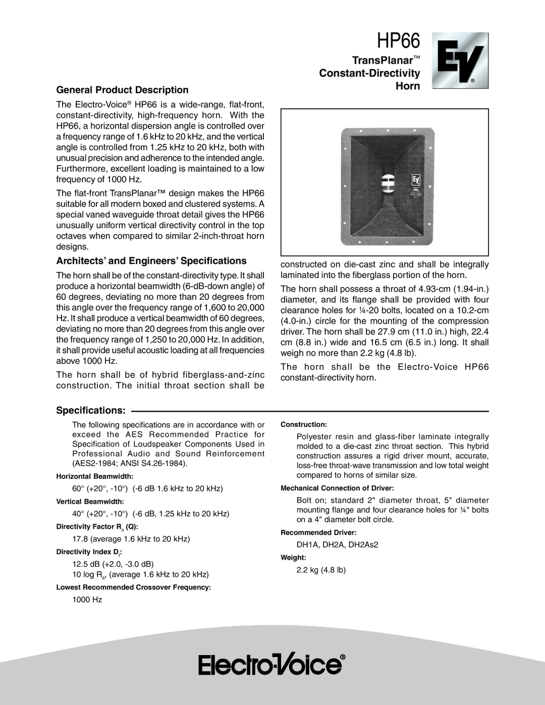 Electro-Voice HP66 specifications General Product Description, Architects’ and Engineers’ Specifications 