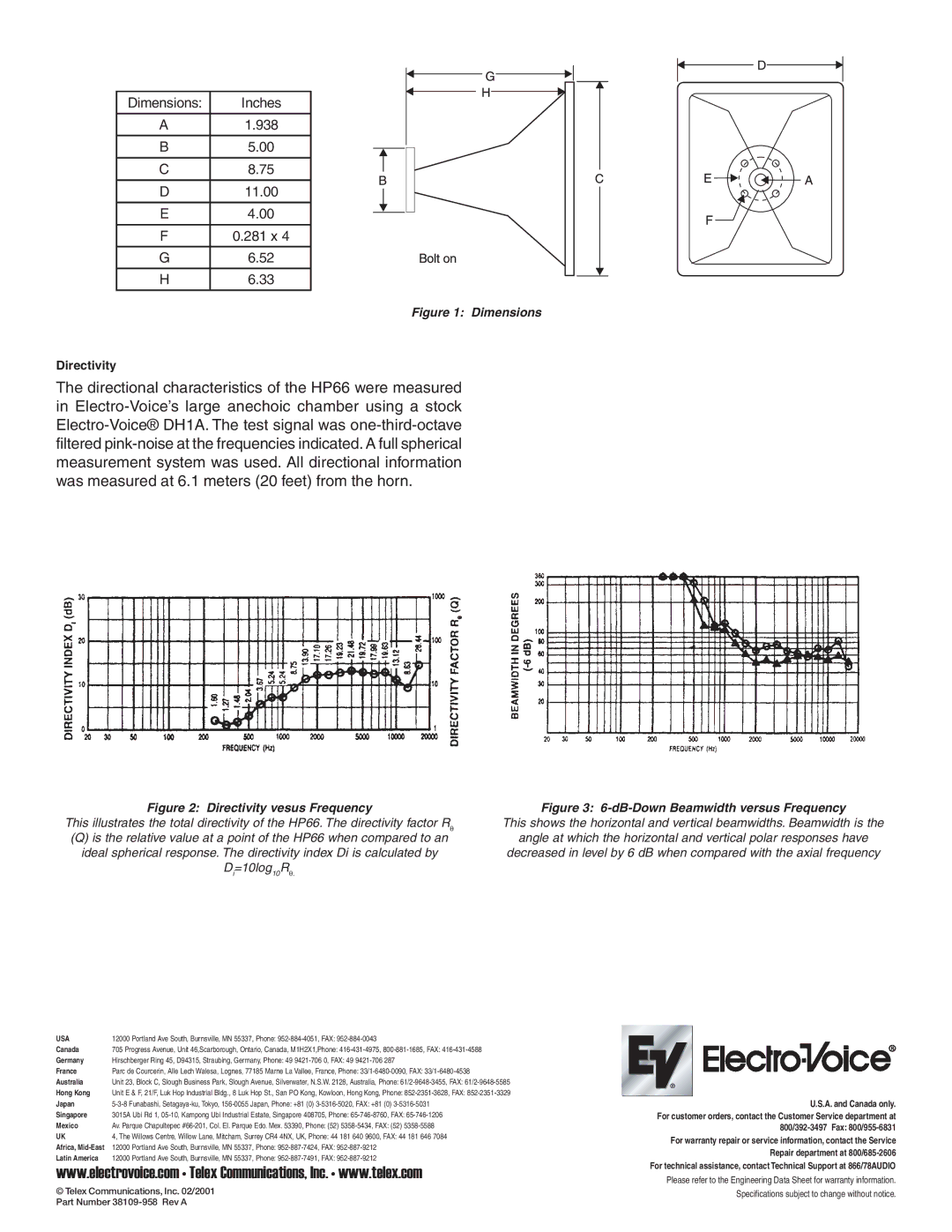 Electro-Voice HP66 specifications Canada, Germany, France, Australia, Hong Kong, Japan, Singapore, Mexico, Latin America 