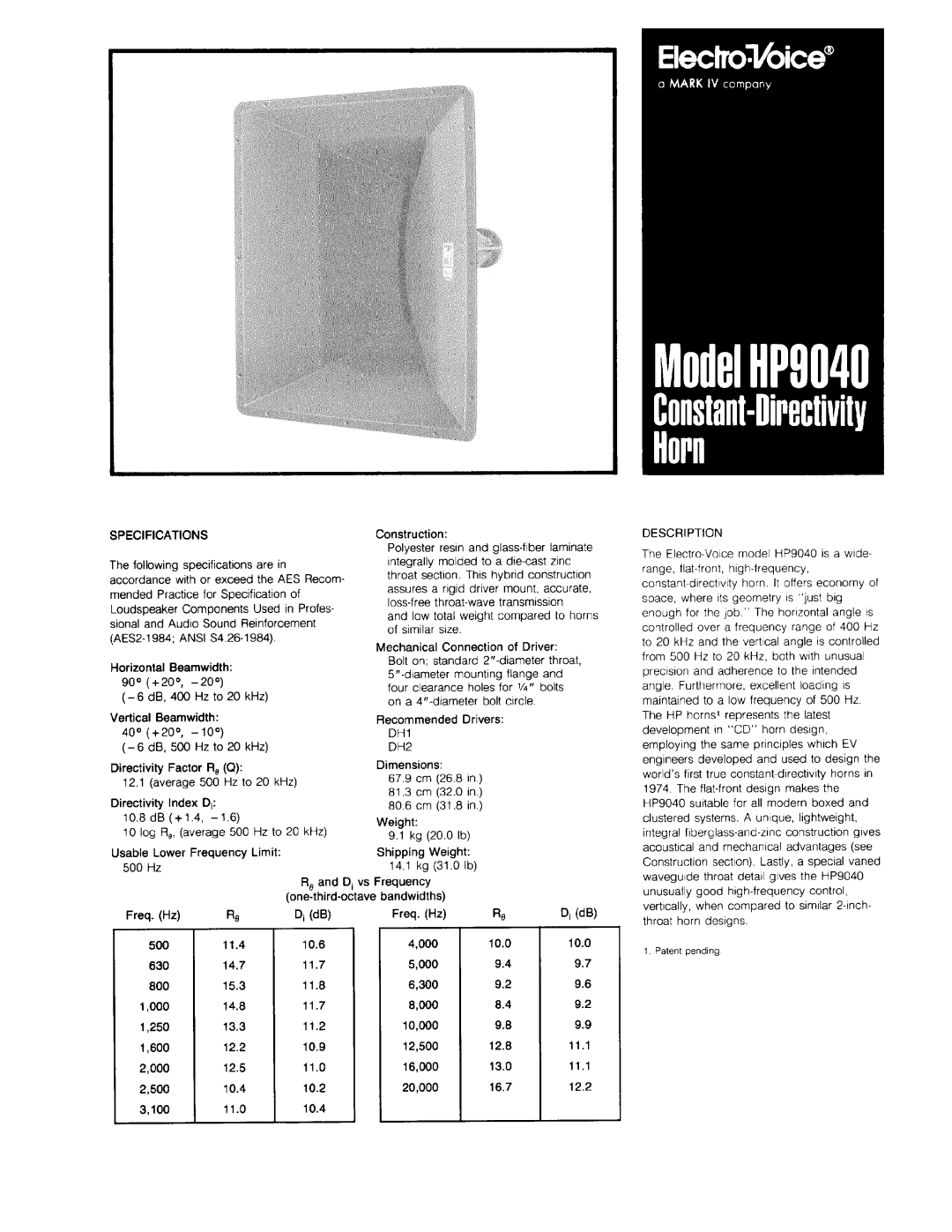 Electro-Voice HP9040 manual 