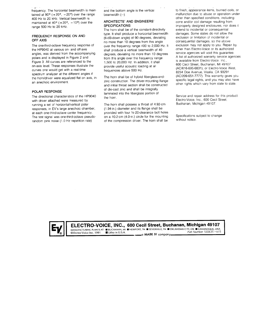 Electro-Voice HP9040 manual 