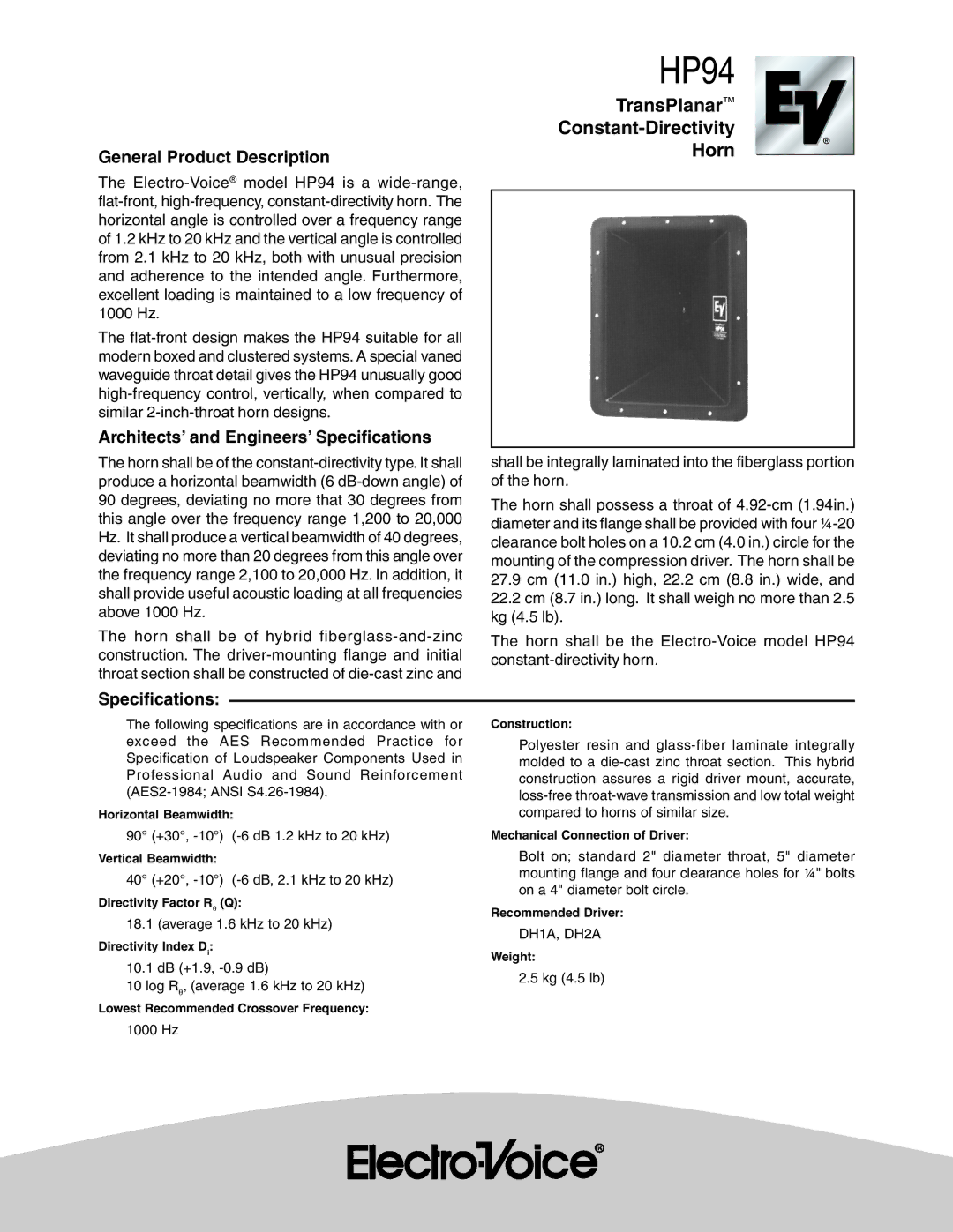 Electro-Voice HP94 specifications General Product Description, Architects’ and Engineers’ Specifications 