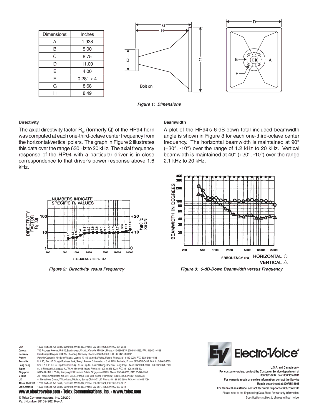 Electro-Voice HP94 specifications Canada, Germany, France, Australia, Hong Kong, Japan, Singapore, Mexico, Latin America 
