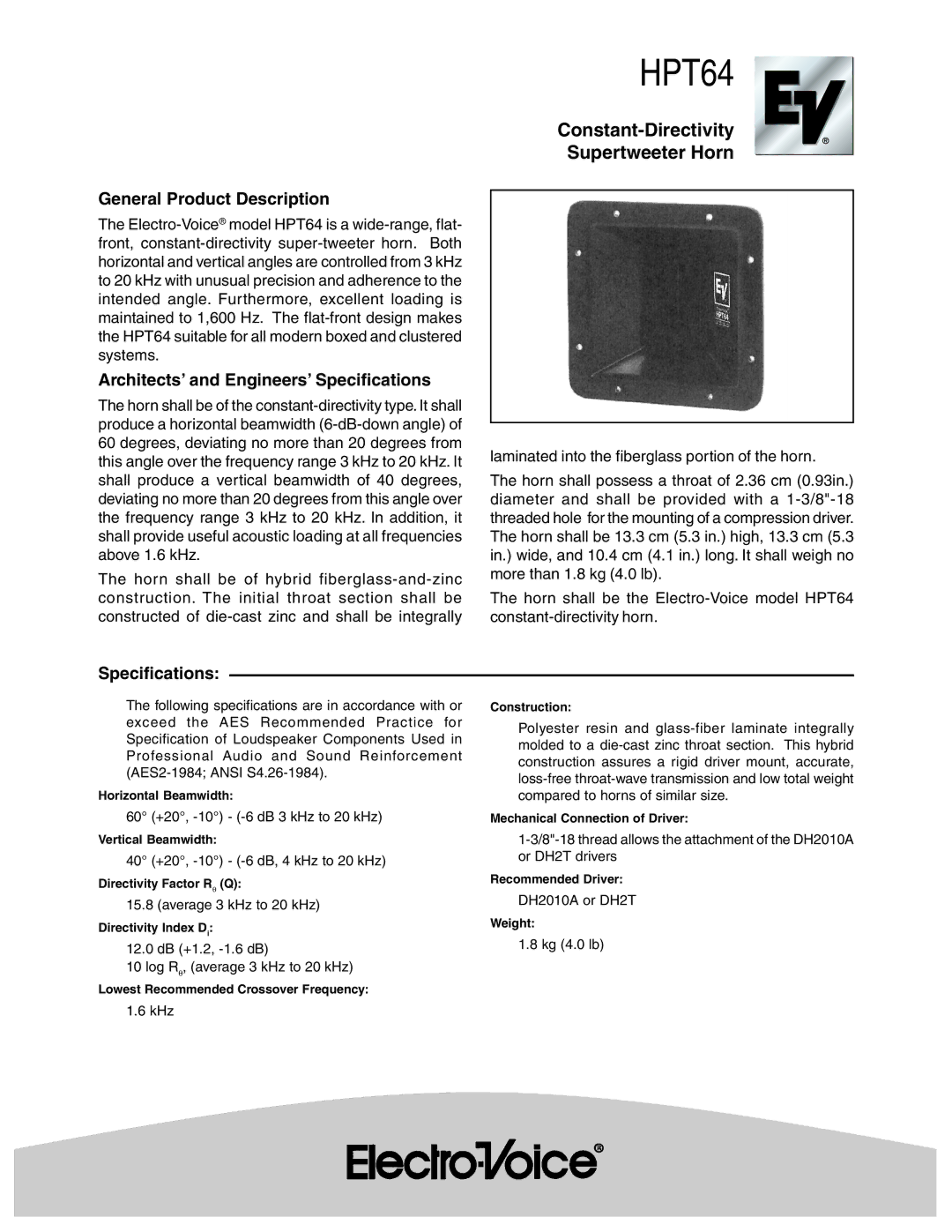 Electro-Voice HPT64 specifications General Product Description, Architects’ and Engineers’ Specifications 