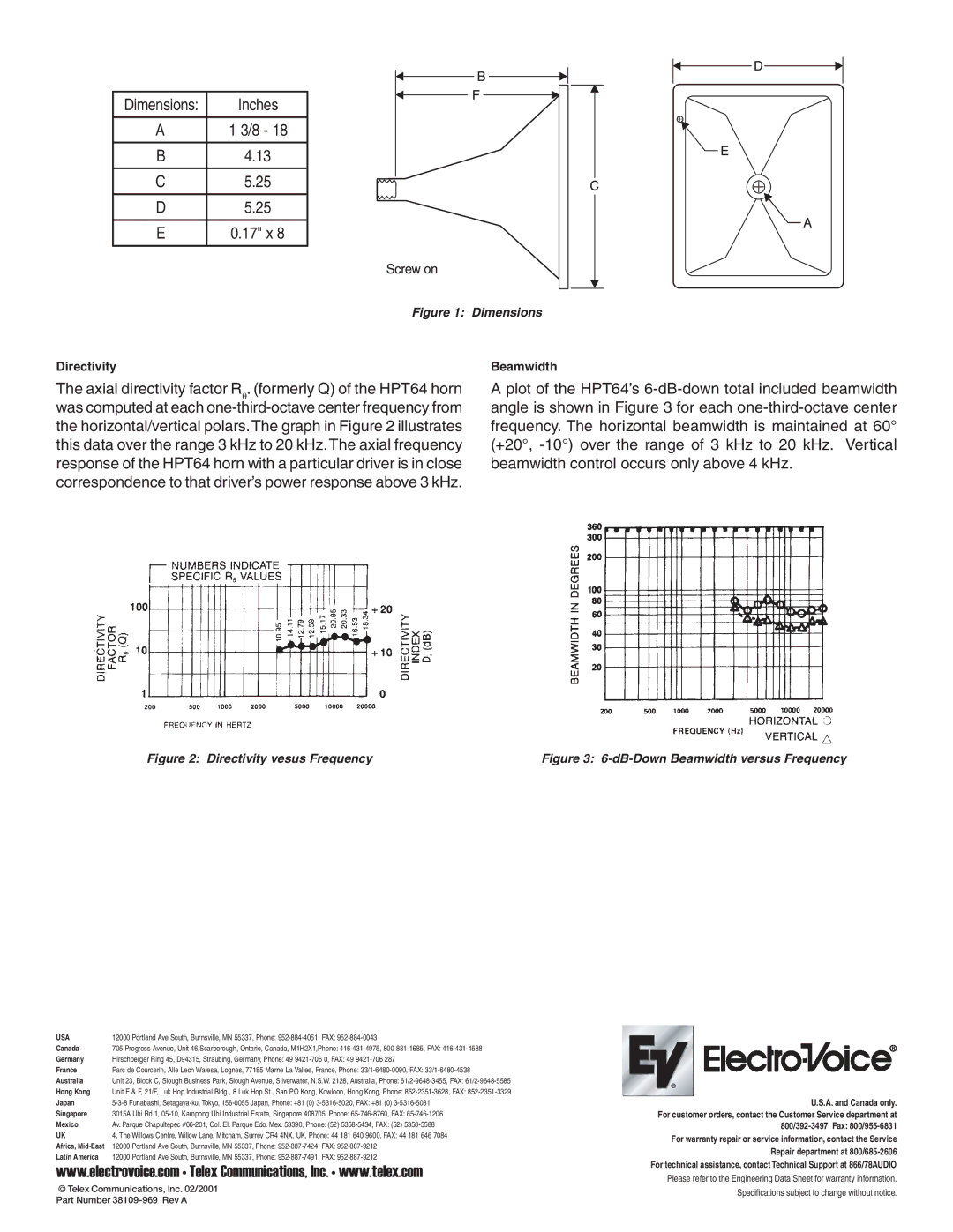 Electro-Voice HPT64 specifications Canada, Germany, France, Australia, Hong Kong, Japan, Singapore, Mexico, Latin America 