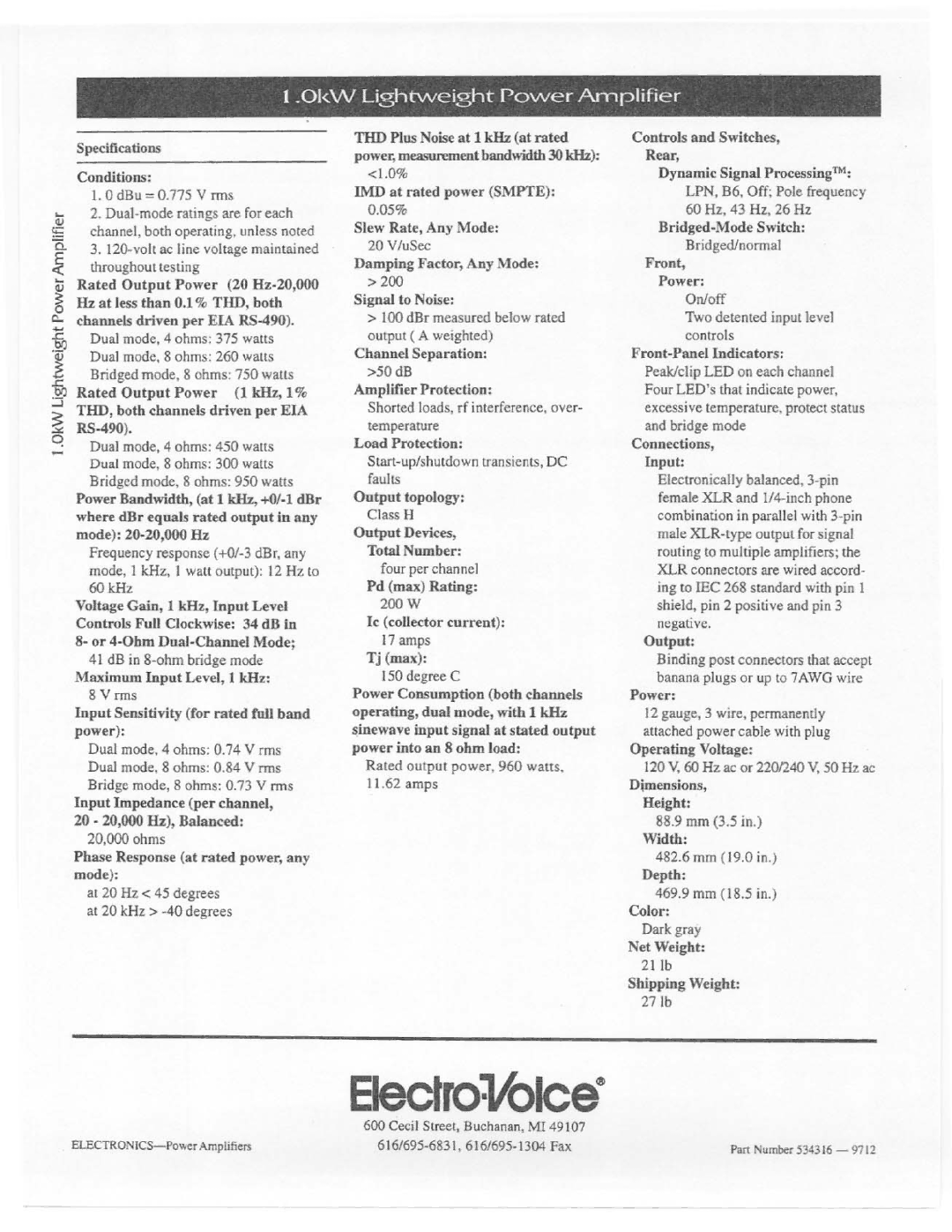 Electro-Voice Lightweight Power Amplifier manual 