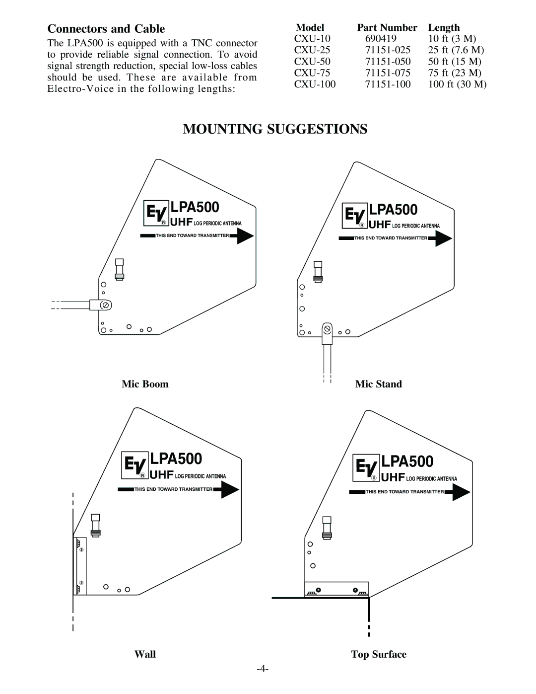 Electro-Voice LPA500 owner manual Connectors and Cable, Model Part Number Length, Mic Boom Mic Stand, Wall Top Surface 