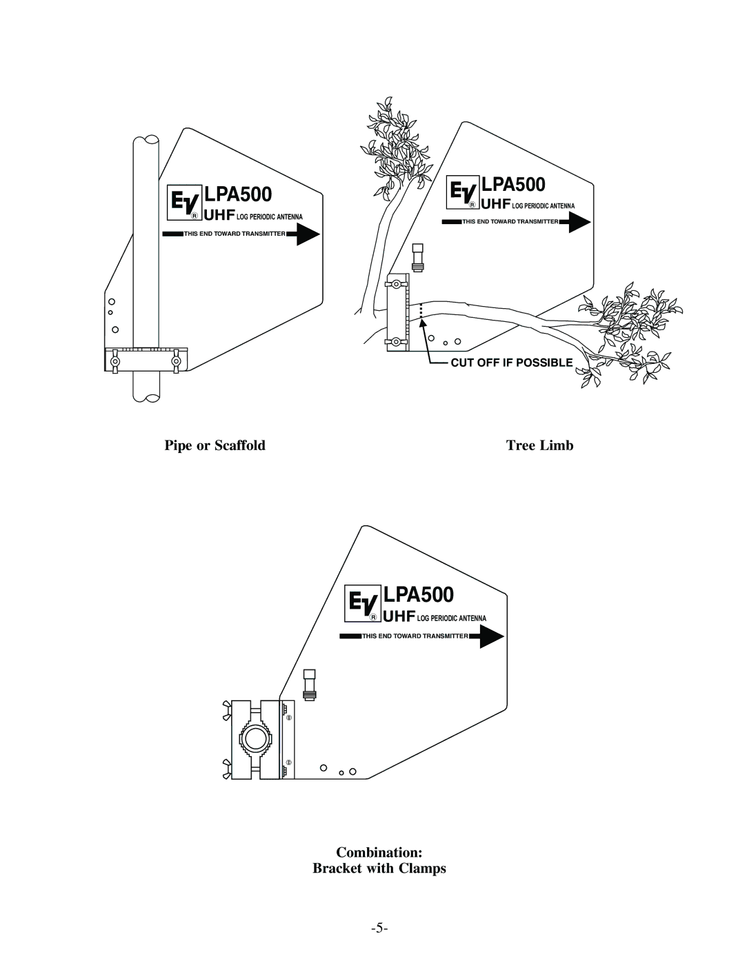 Electro-Voice LPA500 owner manual Pipe or Scaffold Tree Limb, Combination Bracket with Clamps 