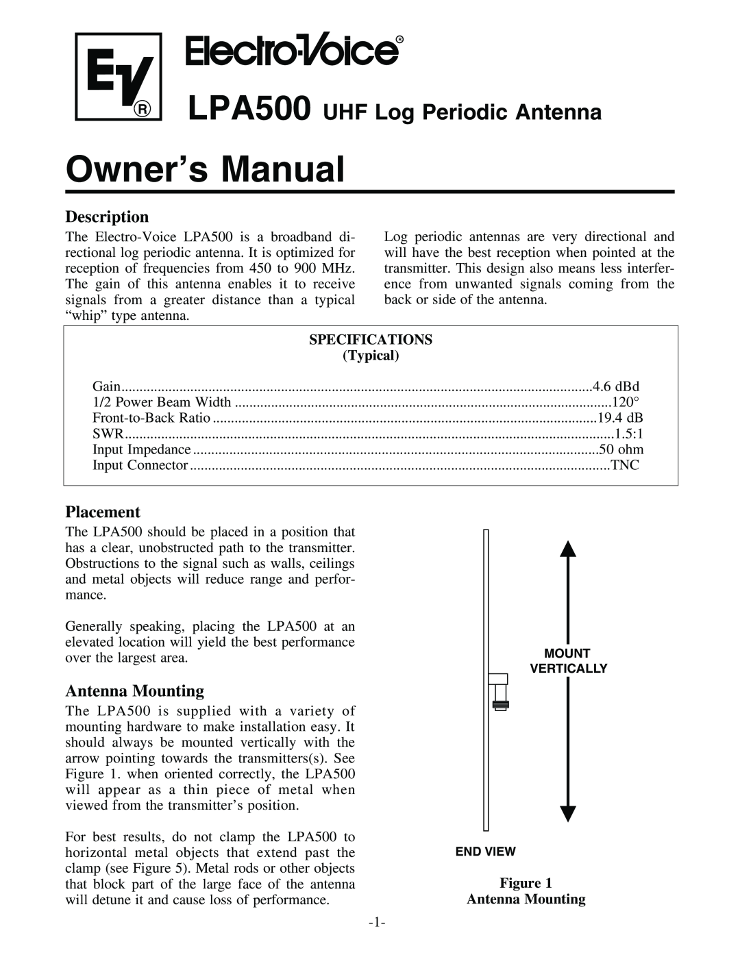 Electro-Voice owner manual LPA500 UHF Log Periodic Antenna, Description, Placement, Antenna Mounting, Specifications 