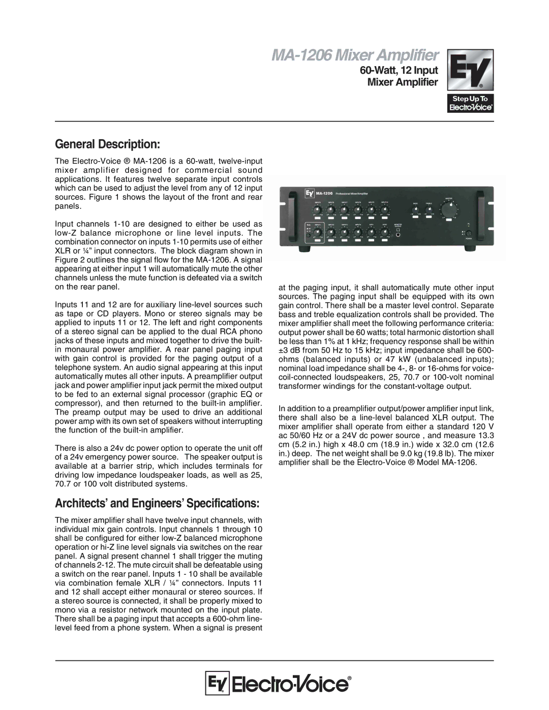 Electro-Voice specifications MA-1206 Mixer Amplifier, General Description, Architects’ and Engineers’ Specifications 