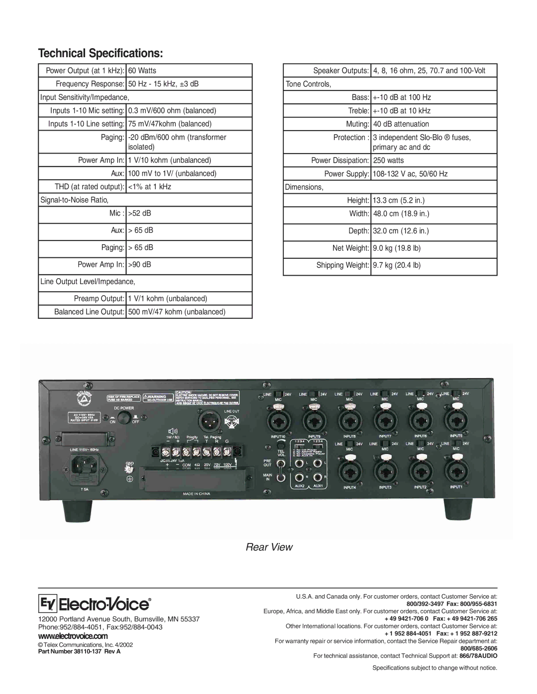 Electro-Voice MA-1206 Technical Specifications, Rear View, Part Number 38110-137 Rev a, + 49 9421-706 0 Fax + 49 9421-706 