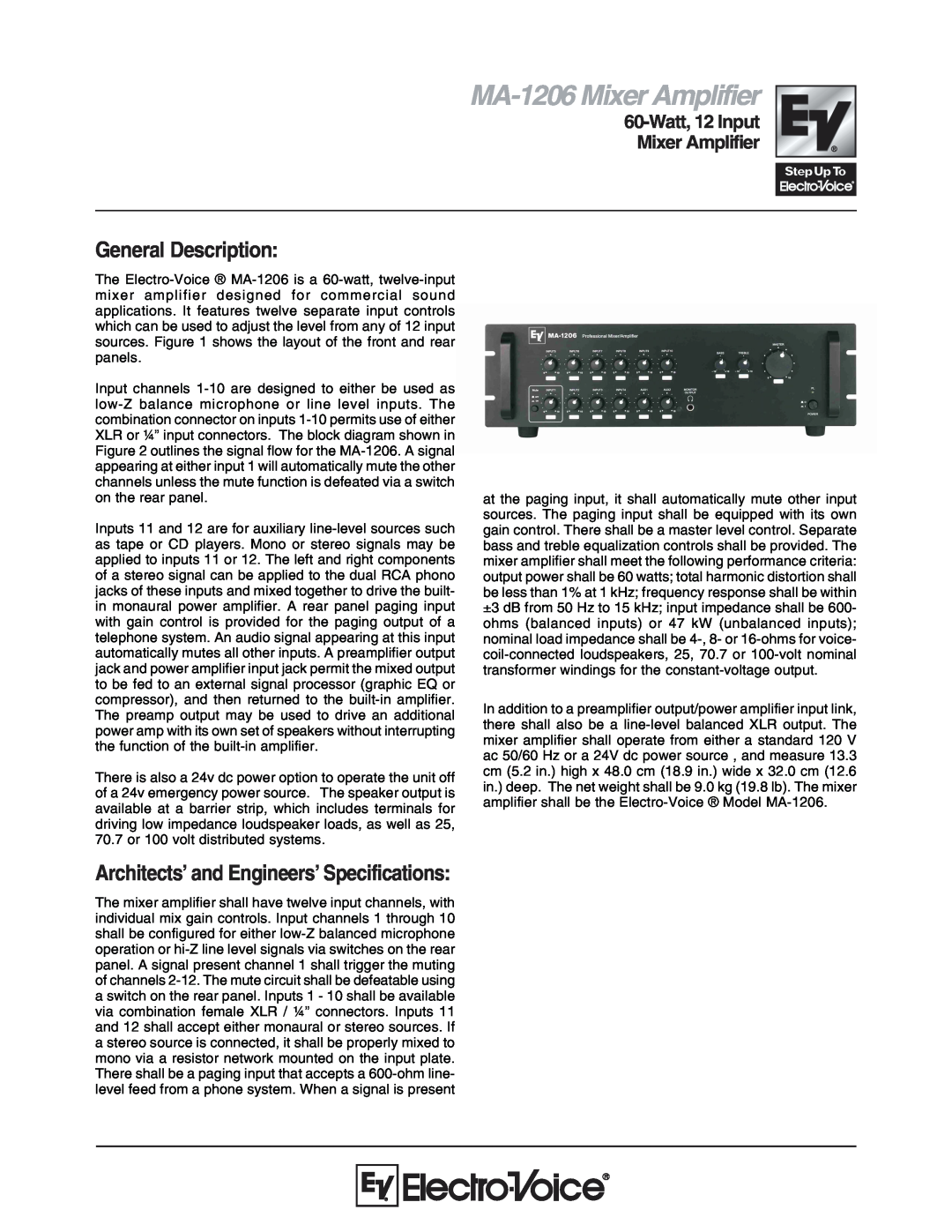 Electro-Voice MA-1206 specifications General Description, Architects’ and Engineers’ Specifications 