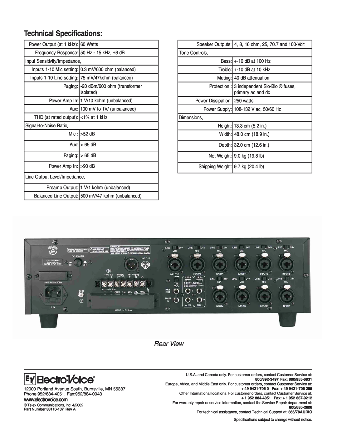 Electro-Voice MA-1206 specifications Technical Specifications, Rear View 