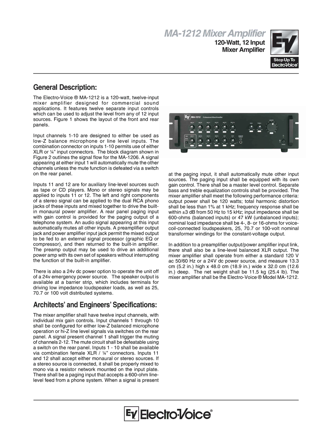 Electro-Voice specifications MA-1212 Mixer Amplifier, General Description, Architects’ and Engineers’ Specifications 