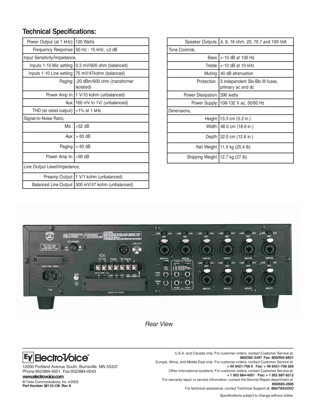 Electro-Voice MA-1212 Technical Specifications, Rear View, Part Number 38110-138 Rev a, + 49 9421-706 0 Fax + 49 9421-706 