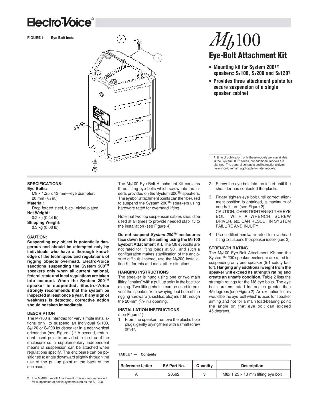 Electro-Voice MB100 installation instructions Eye-Bolt Attachment Kit 