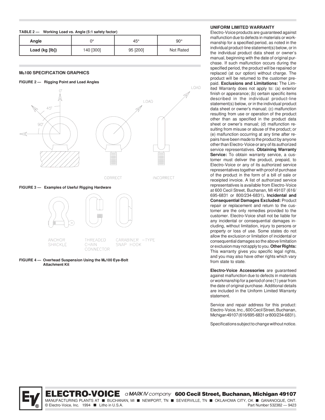 Electro-Voice MB100 Angle Load kg lb, Not Rated, Mb100 Specification Graphics, Uniform Limited Warranty 