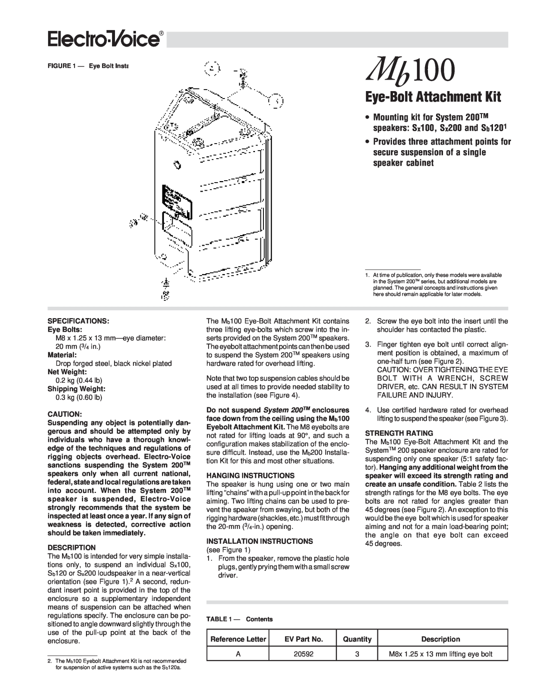 Electro-Voice MB100 installation instructions Eye-BoltAttachment Kit 