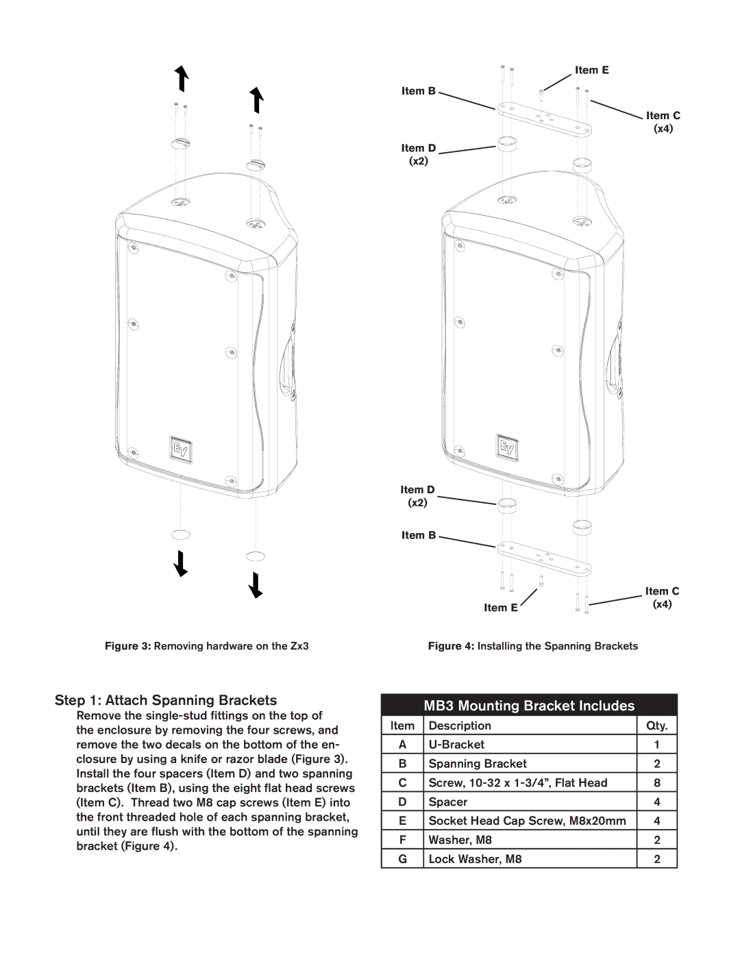 Electro-Voice installation instructions Attach Spanning Brackets, MB3 Mounting Bracket Includes 