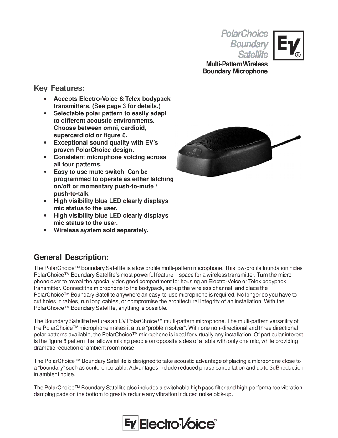 Electro-Voice Microphone manual PolarChoice Boundary Satellite, General Description 