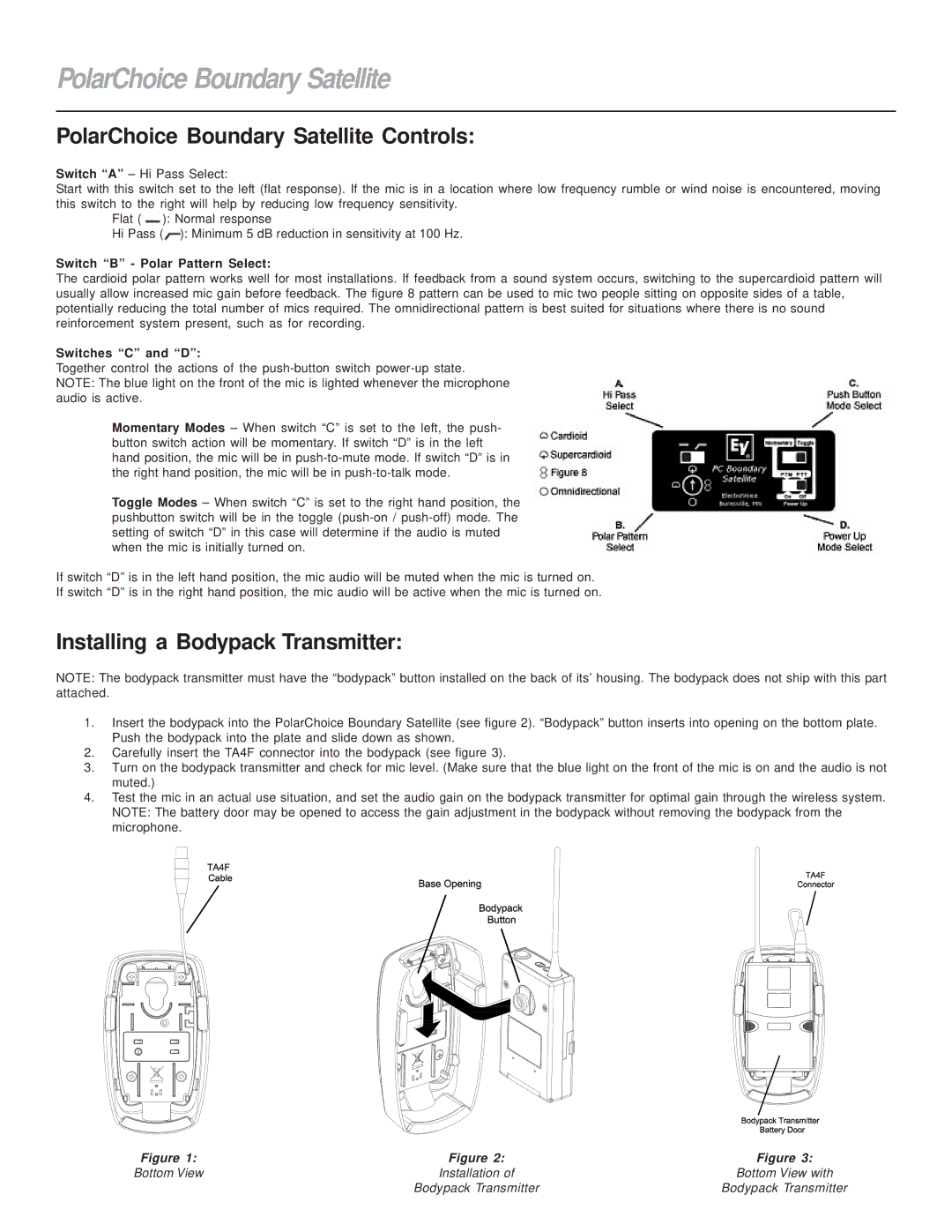 Electro-Voice Microphone PolarChoice Boundary Satellite Controls, Installing a Bodypack Transmitter, Switches C and D 