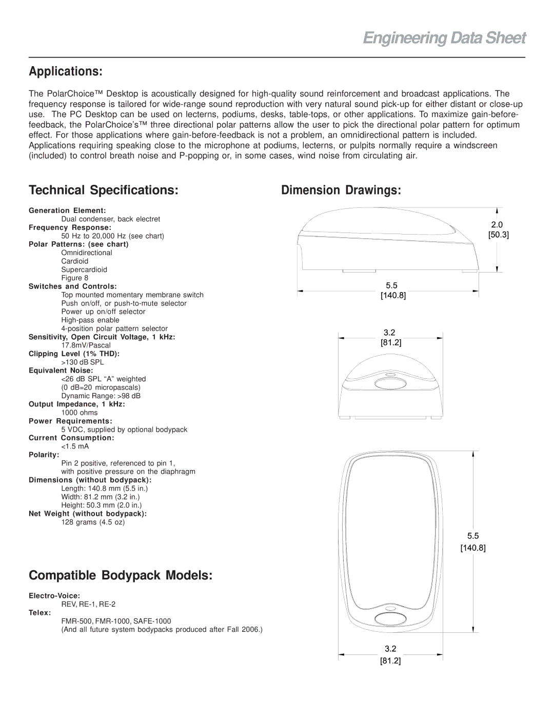 Electro-Voice Microphone manual Engineering Data Sheet, Applications, Technical Specifications, Compatible Bodypack Models 