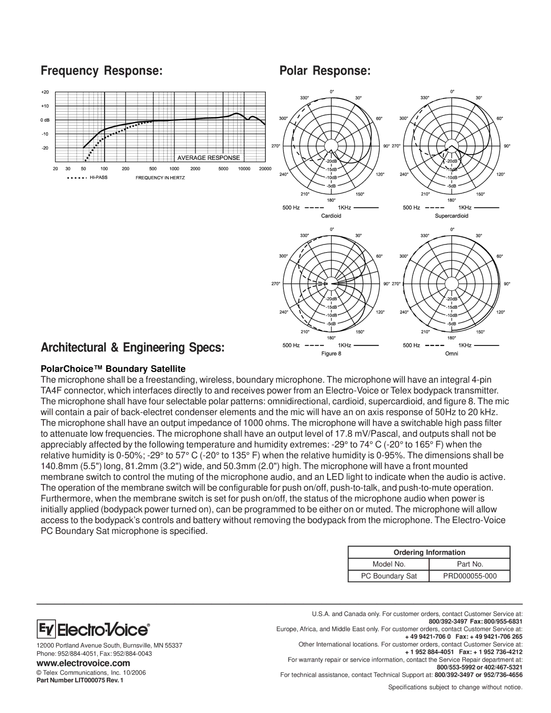 Electro-Voice Microphone manual Frequency Response, Architectural & Engineering Specs, Ordering Information 