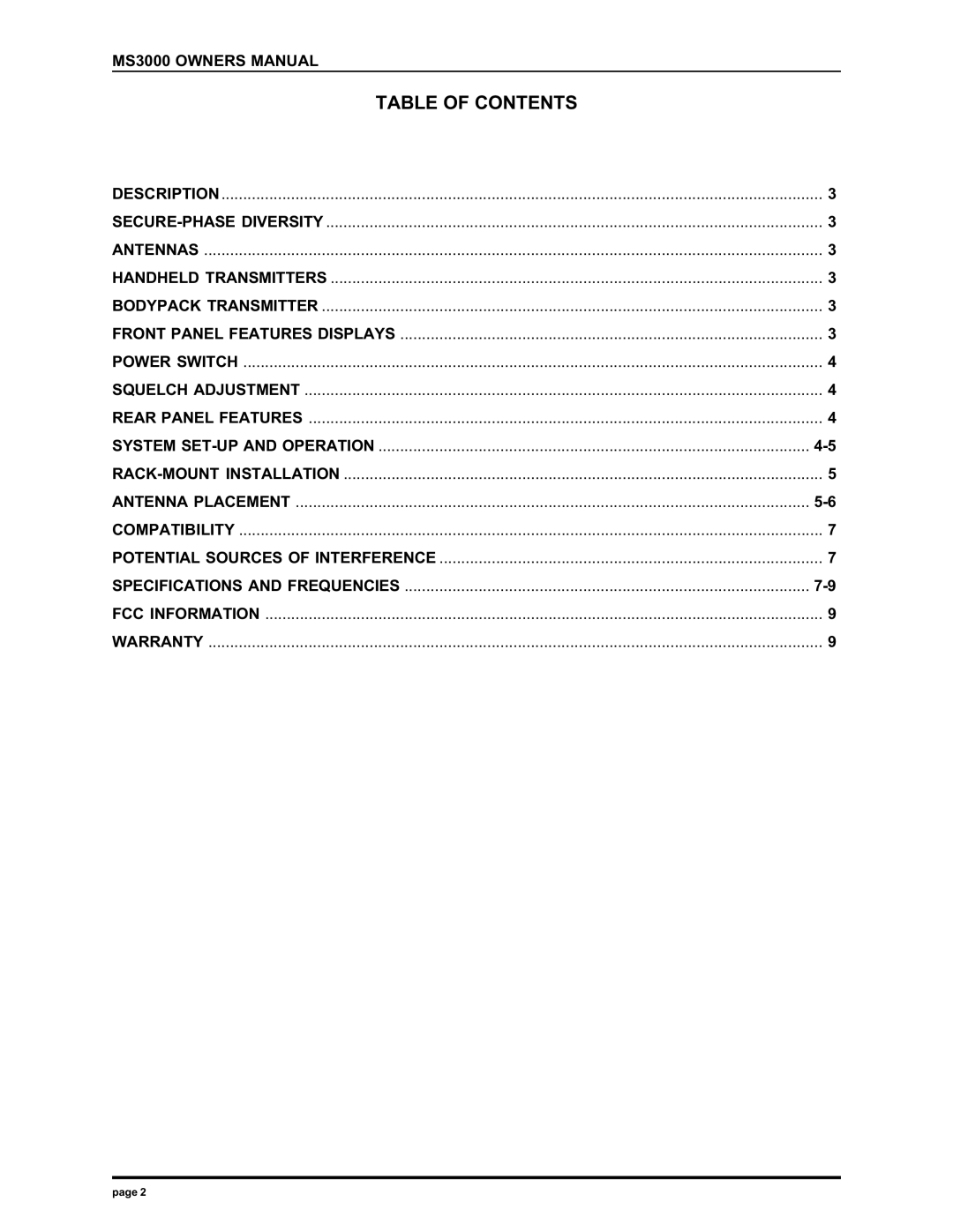 Electro-Voice MS3000 manual Table of Contents 