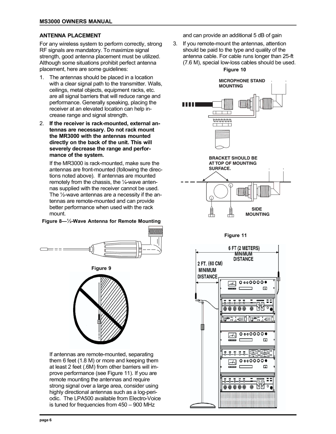 Electro-Voice MS3000 manual Antenna Placement, ½-Wave Antenna for Remote Mounting 