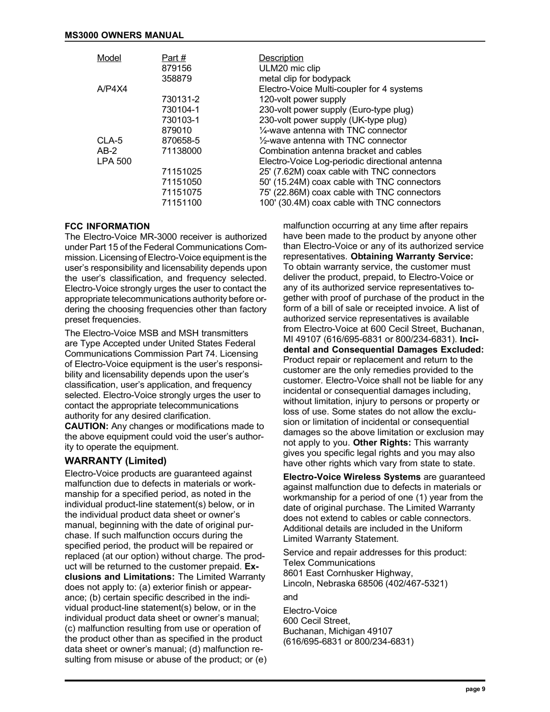 Electro-Voice MS3000 manual Warranty Limited, FCC Information 