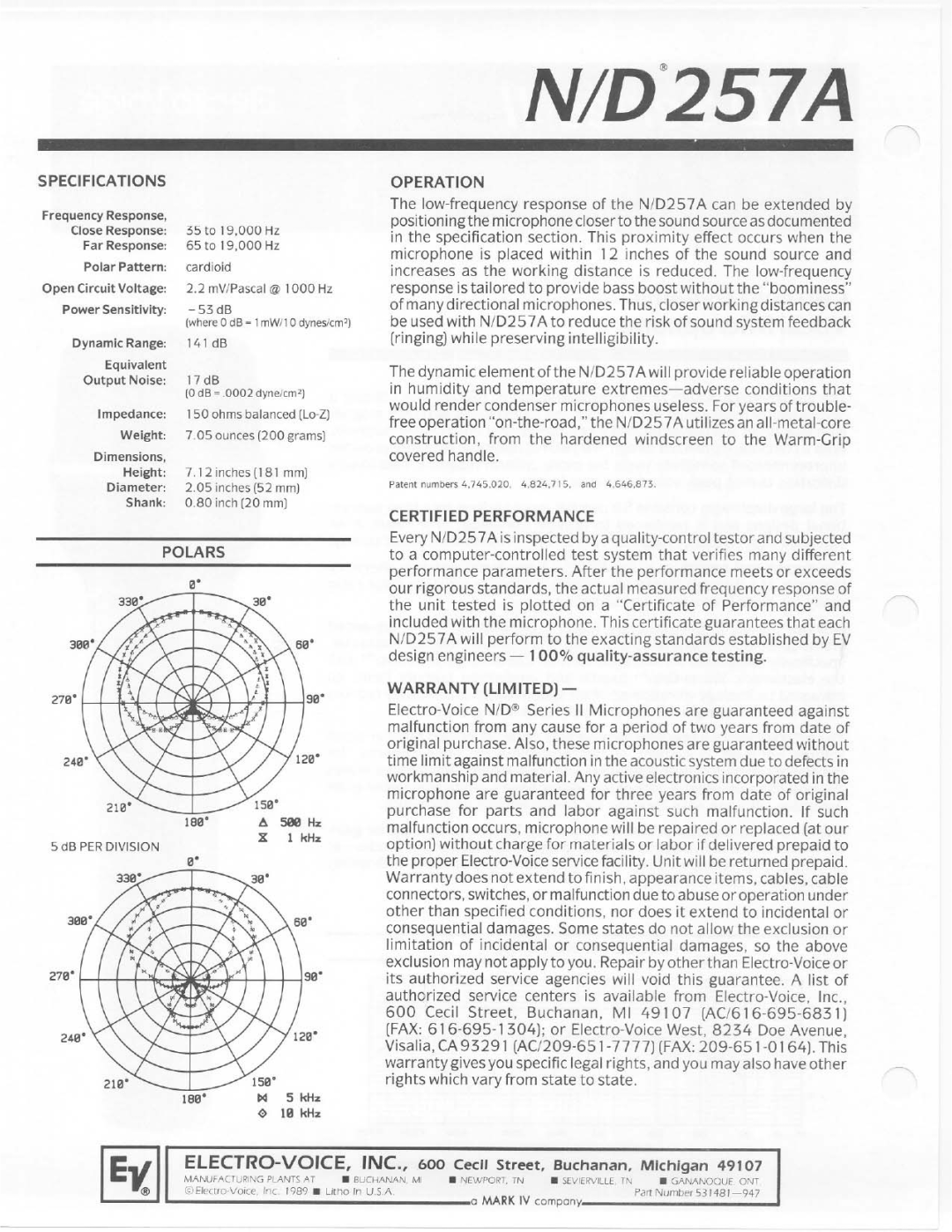 Electro-Voice N/D257A manual 