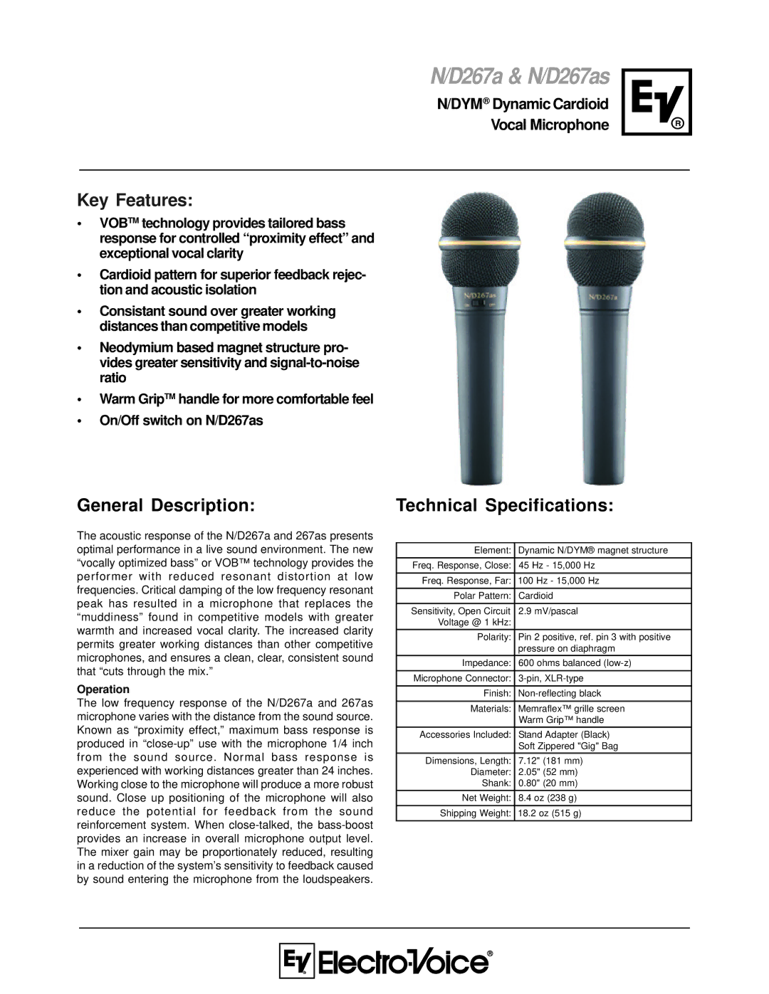 Electro-Voice N/D267as technical specifications General Description, Operation 