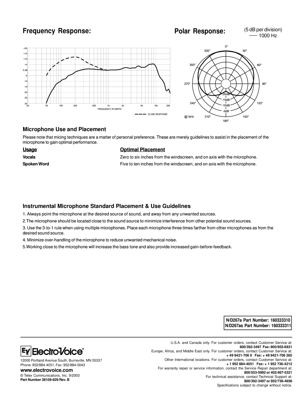 Electro-Voice N/D267as Frequency Response, Microphone Use and Placement, D267a Part Number D267as Part Number 