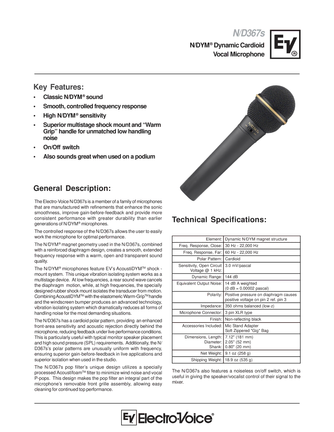 Electro-Voice N/D367s technical specifications General Description, Technical Specifications 