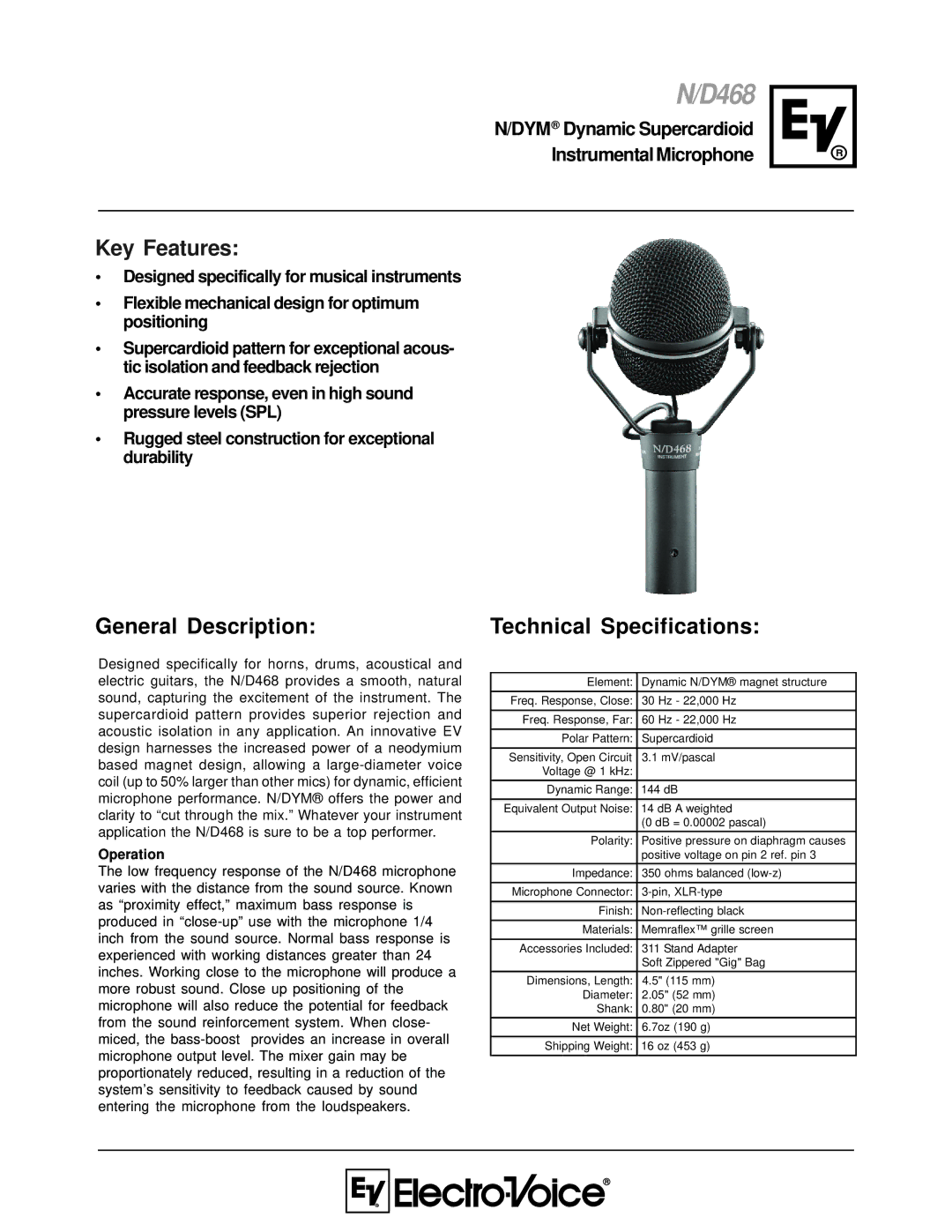 Electro-Voice N/D468 technical specifications General Description, Operation 