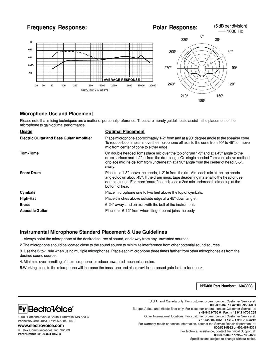 Electro-Voice N/D468 technical specifications Frequency Response, Microphone Use and Placement, D468 Part Number 